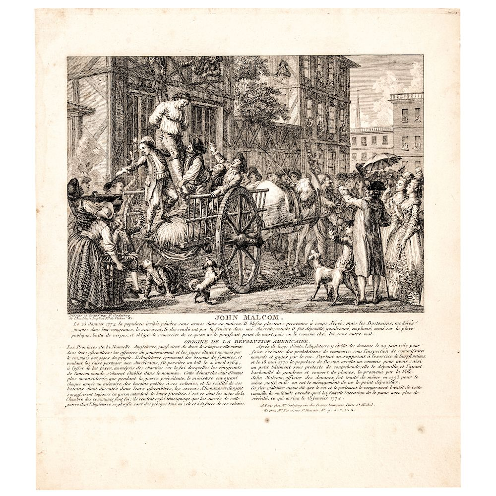 c 1774 Engraving of Boston Tarring Feathering of JOHN MALCOM