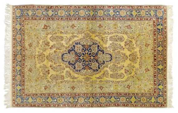 HEREKE silk old Blue central medallion on a yellow ground