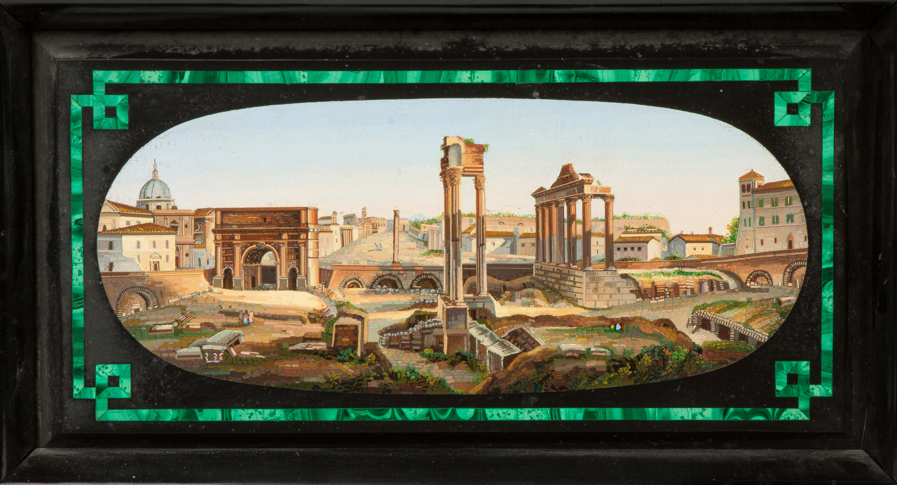 Italian Micro Mosaic Ruins with Figures 19th century Malachite border