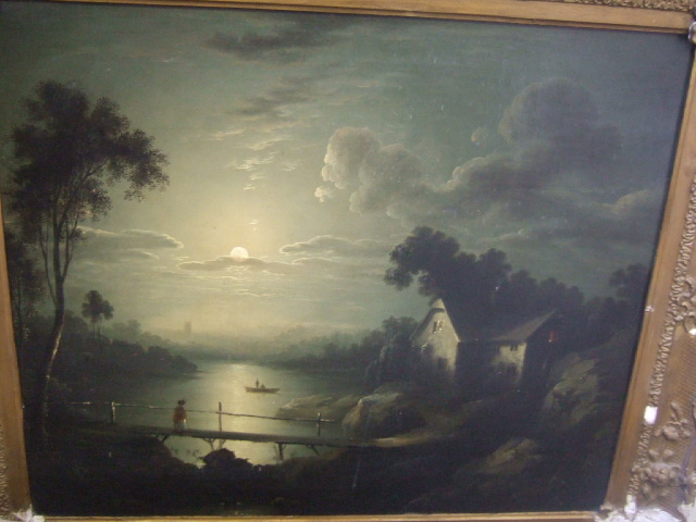 Circle of Henry Pether Moonlit river scene oil on canvas