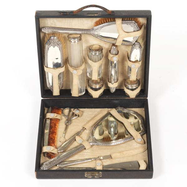 Antique Webster Sterling Silver and Glass Fourteen Piece Vanity Travelling