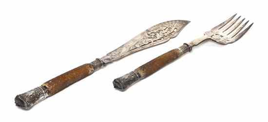 An English Silverplate and Antler Fish Serving Set Harrison Brothers