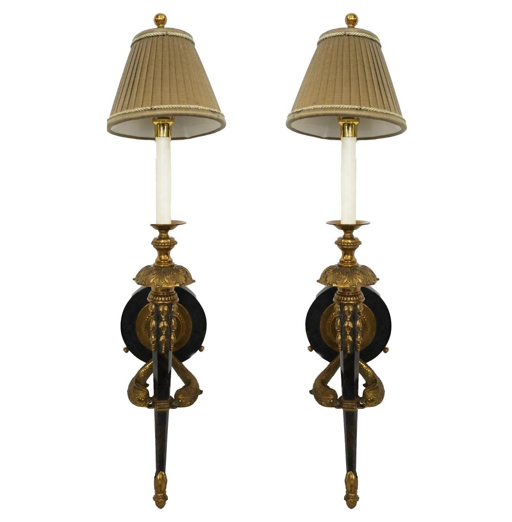 PAIR OF BRASS SINGLE LIGHT WALL SCONCESelectrified 34 inches high