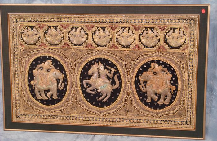 Embroidered Burmese wall panel depicting religious figures 56 x 34