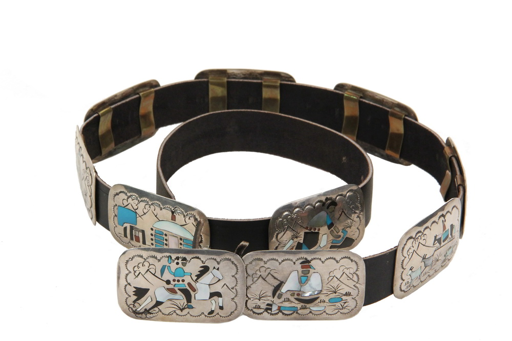 NATIVE AMERICAN SILVER CONCHO BELT Navajo Inlaid Sterling Silver by