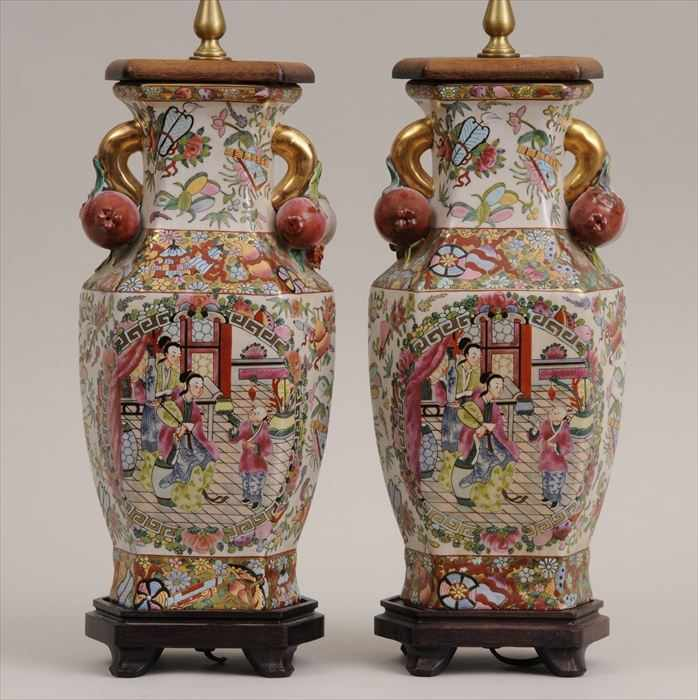 PAIR OF CANTON ROSE MEDALLION VASES MOUNTED AS LAMPS Each