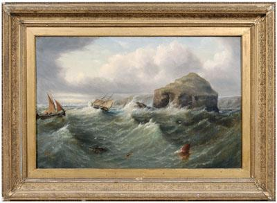 British maritime painting stormy coastal scene with ship in distress