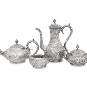 An S Kirk and Son Repouss Silver Four Piece Tea