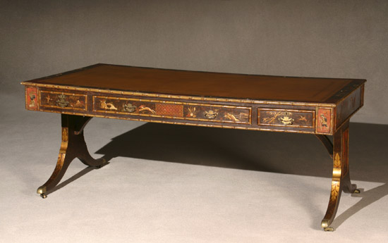 Regency Style Faux Tortoiseshell and Salmon Japanned Trestle Base Library