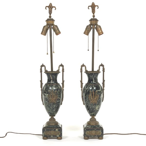 PAIR OF NEOCLASSICAL MARBLE AND SILVERED BRONZE LAMP BASES 31