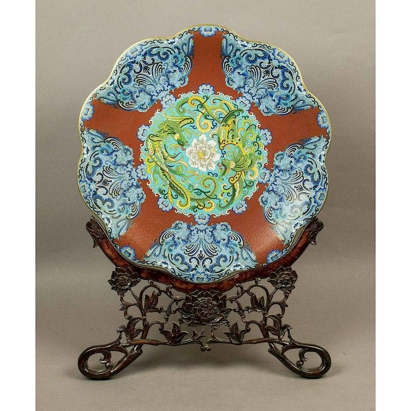 Chinese Cloisonne Charger 20th c Chinese cloisonne footed charger 20th