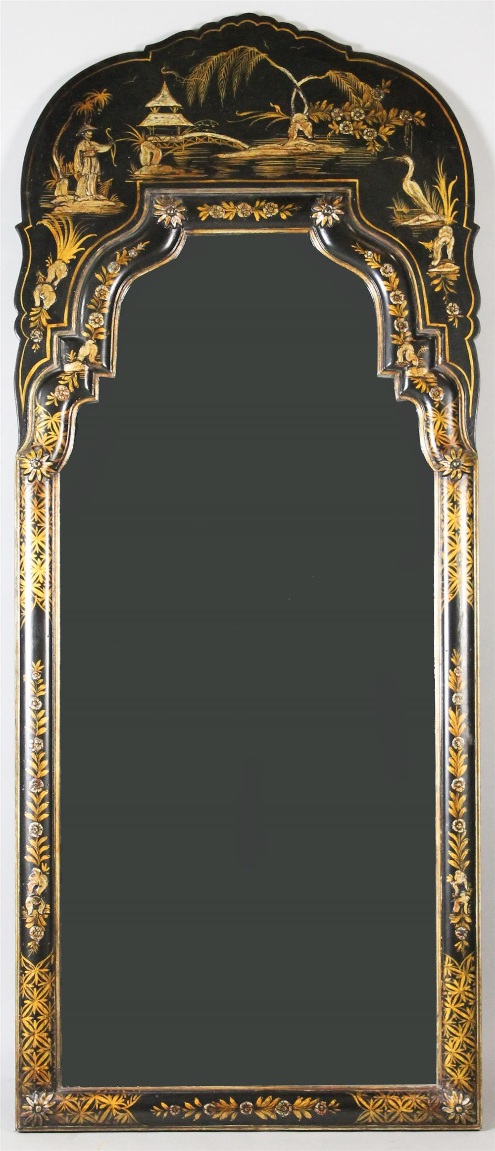 QUEEN ANNE STYLE CHINOISERIE BLACK LACQUERED MIRROR decorated with figures