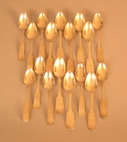 Seventeen coin silver teaspoons 19th c to include four J