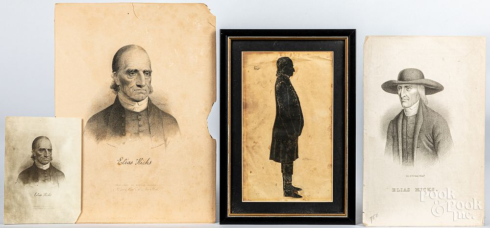 Cutout silhouette of Elias Hicks and three prints Cutout silhouette