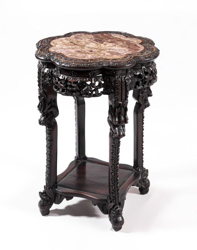 PROFUSELY CARVED CHINESE PLANT STAND Floriform inset marble top body