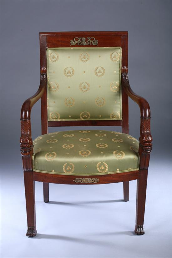 FRENCH EMPIRE MAHOGANY AND METAL MOUNTED FAUTEUIL 19th century with