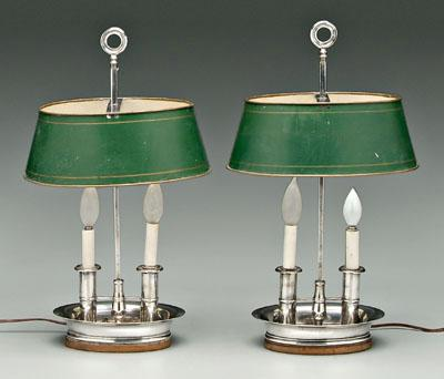 Pair silver plated bouillote lamps oval bases two candle style