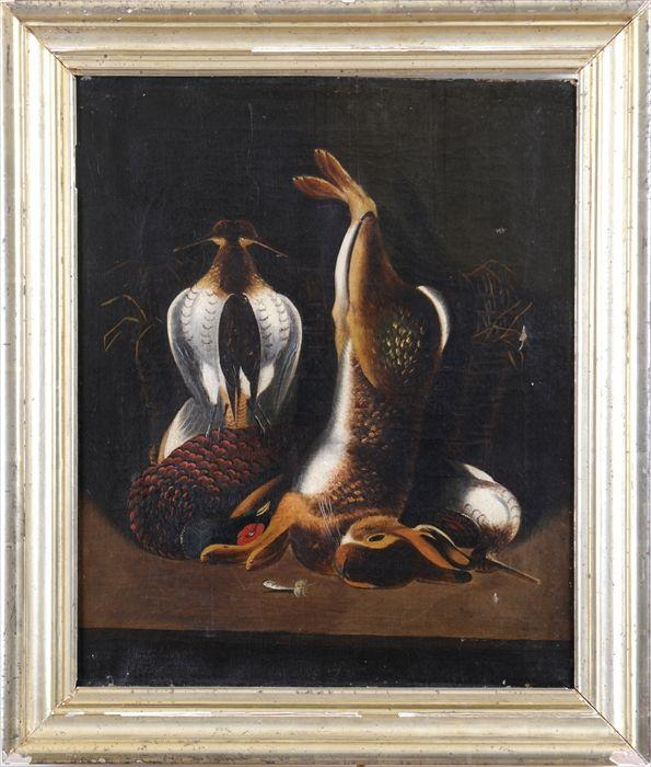 NATURE MORTE WITH BIRDS AND RABBIT Oil on canvas 24