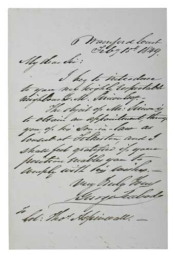 PEABODY GEORGE Autograph Letter Signed to Thomas Aspinwall requesting an