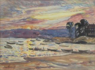 LEVER Hayley Watercolor Harbor at Sunset Signed lower left Hayley