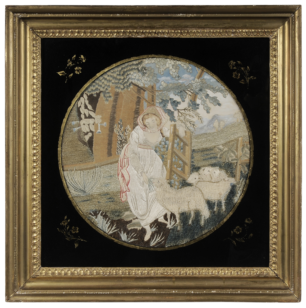 Silk Needlework probably English early 19th century young shepherdess feeding