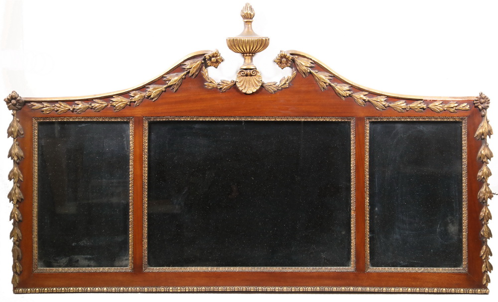 GILT DECORATED OVERMANTEL MIRROR Circa 1920 Chippendale Style Triple Plate