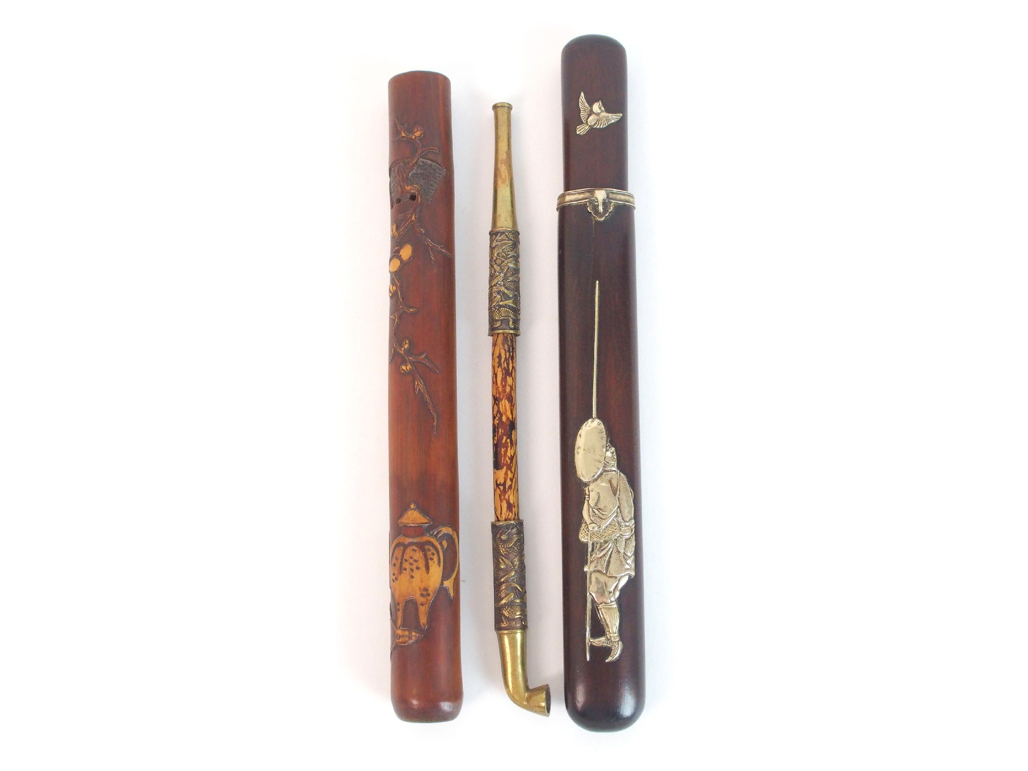 A Japanese tobacco pipe casesilver mounted with a fisherman and