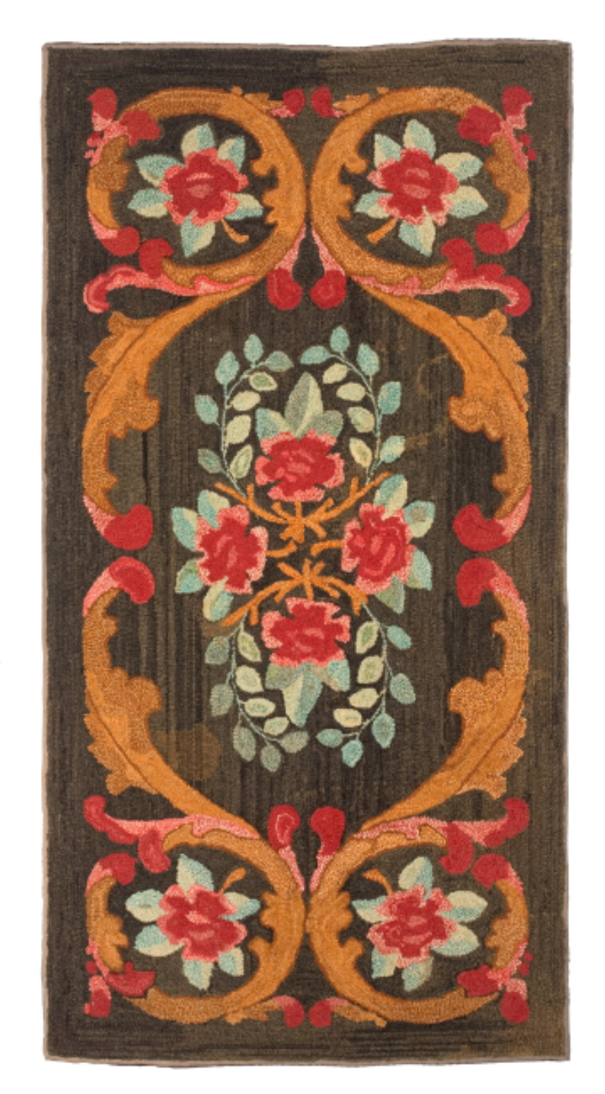 VIBRANT AMERICAN HOOKED RUG WITH RED ROSES AND BLUE PETALS