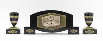 An Art Deco Clock Garniture Set Black and green onyx