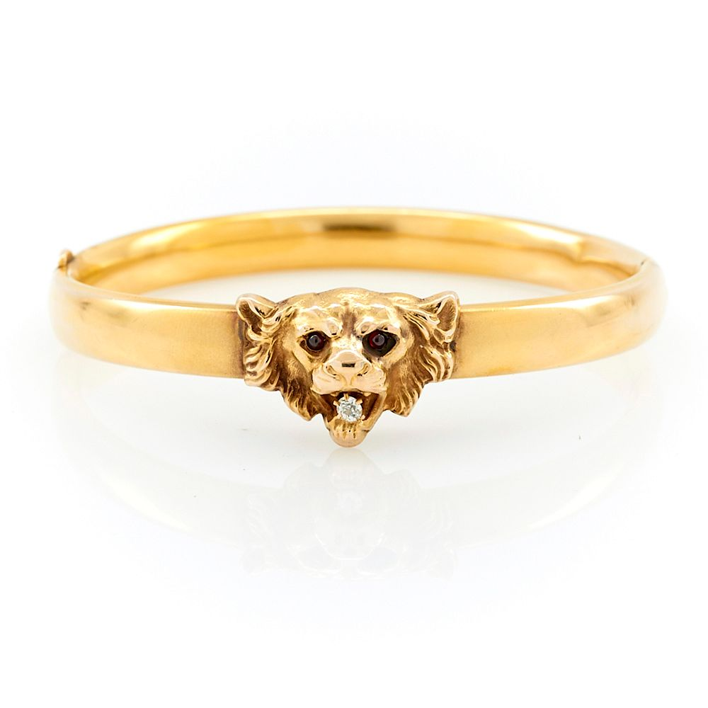 14k Yellow gold diamond garnet Victorian lion head bangle bracelet