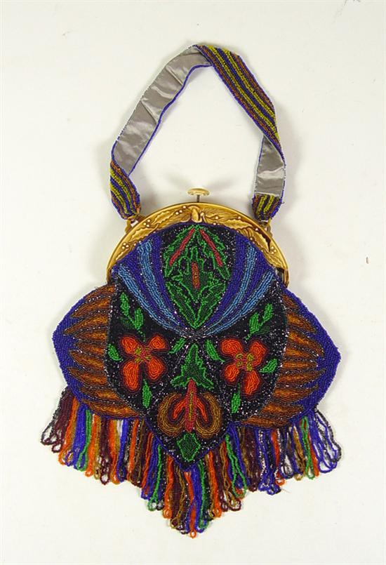 French Beaded Purse With designed molded plastic handle Tones of