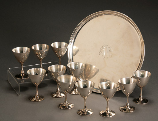 Set of Eleven American Sterling Stem Liqueurs and a Footed