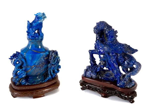 Four sodalite carvings simulating lapis lazuli three depicting female immortals