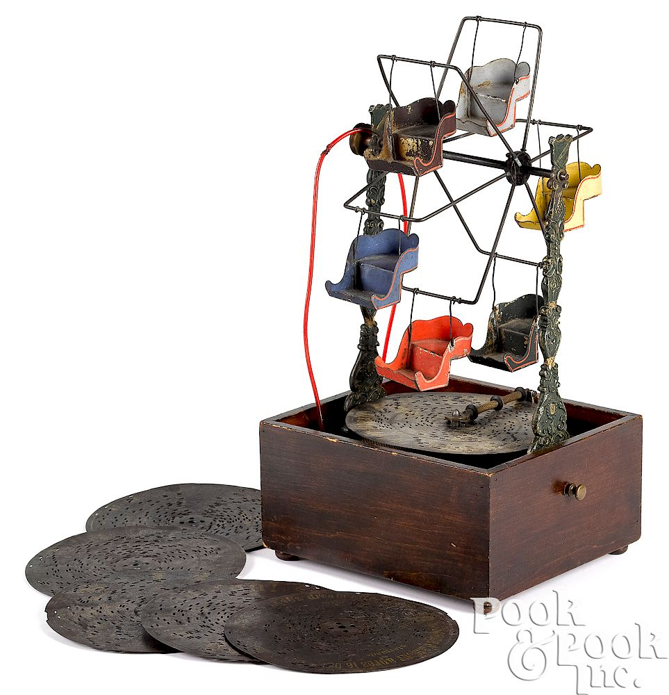 Tin iron and wood musical Ferris Wheel Unusual painted tin