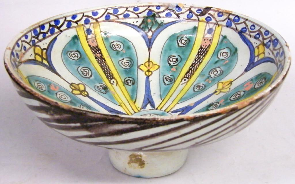 Good Moroccan pottery pedestal bowl hand painted in green yellow