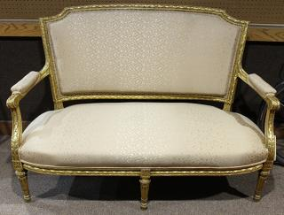 Louis XVI style giltwood settee Louis XVI style giltwood settee
