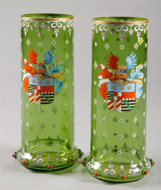PAIR OF ARMORIAL GLASS VASES Bohemian late 19th early 20th