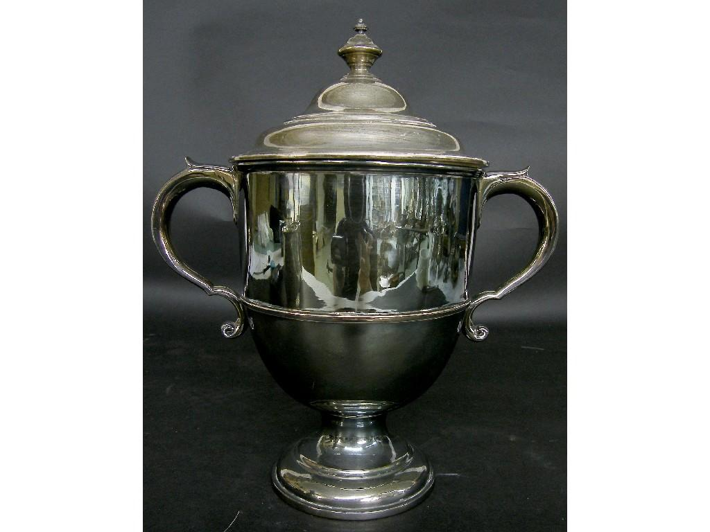 1920s silver twin handled lidded presentation trophy with Islamic finial