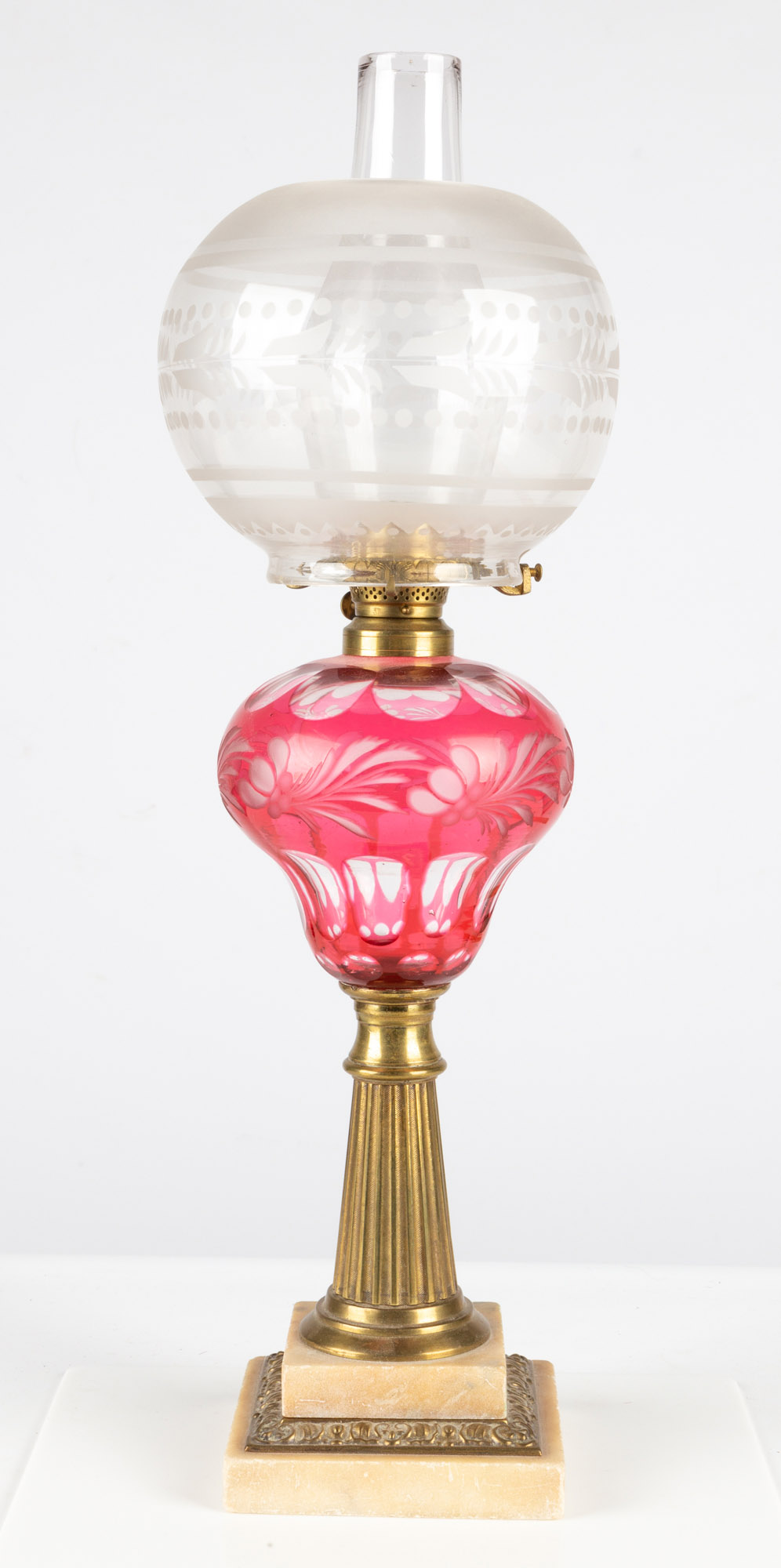 CRANBERRY OVERLAY OIL LAMP circa 1860 red cut to clear