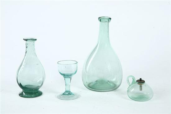 THREE GLASS TABLE ITEMS AND A LAMP American 1st half