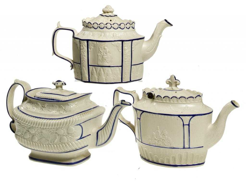 THREE WHITE FELSPATHIC STONEWARE TEAPOTS AND COVERS YORKSHIRE OR STAFFORDSHIRE