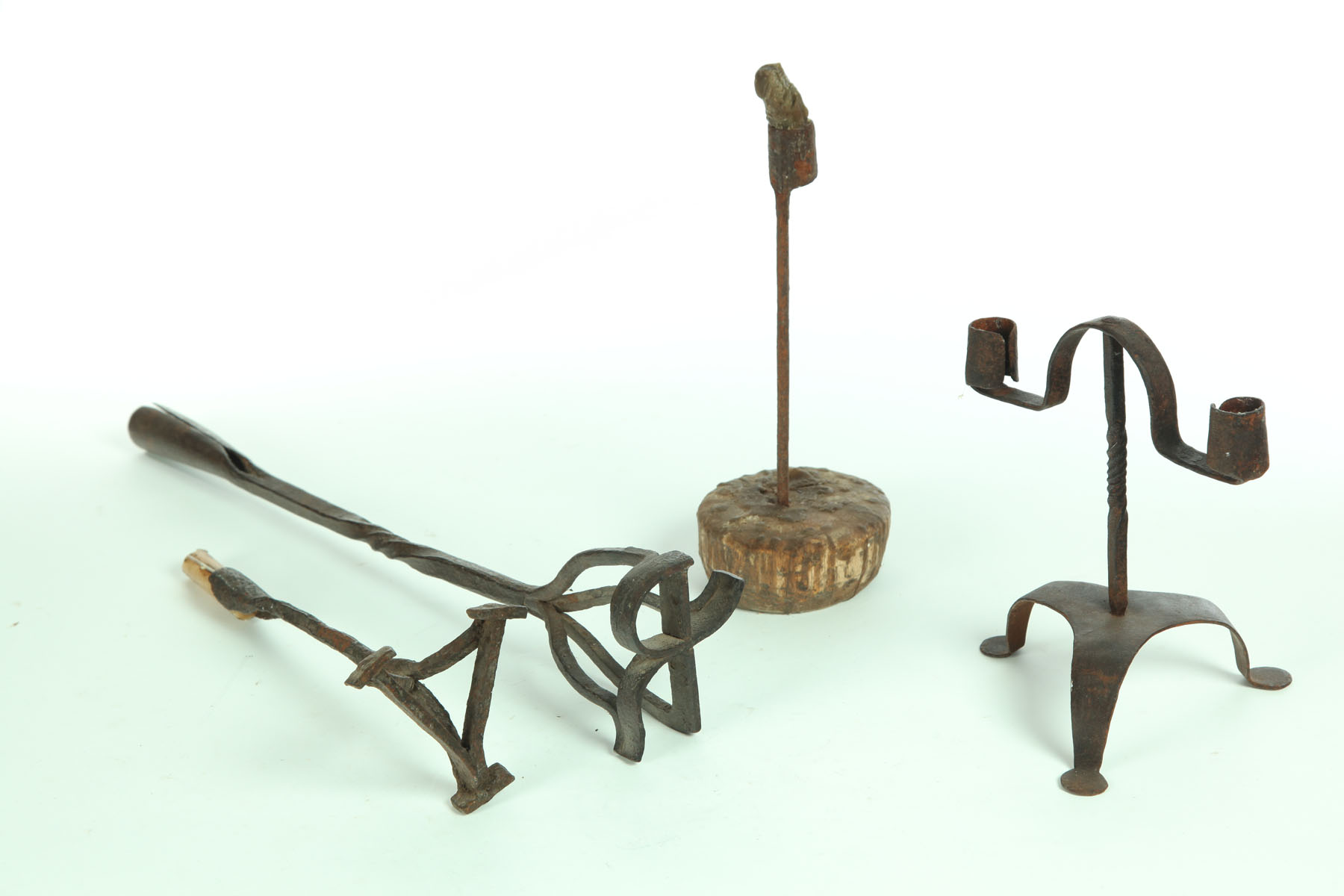 THREE WROUGHT IRON LIGHTING DEVICES AND BRANDING IRON American 19th