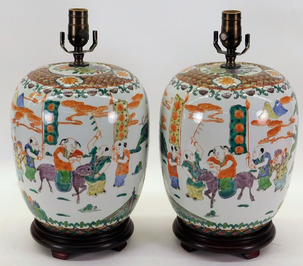 PR Chinese Famille Verte Porcelain Table Lamps Chinese 20th Century