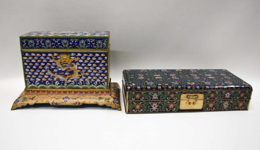 TWO JAPANESE CLOISONNE LIDDED BOXES one with hinged lid the
