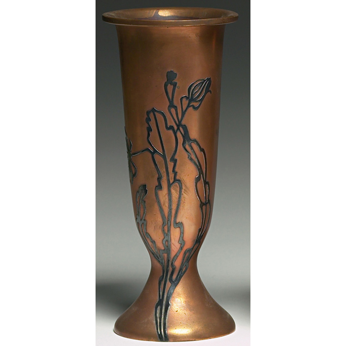 Heintz vase flaring and footed form sterling on bronze applied