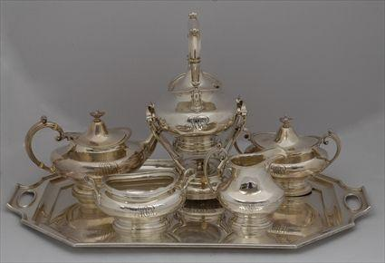 GORHAM MONOGRAMMED SILVER FIVE PIECE TEA SET AND A MATCHING