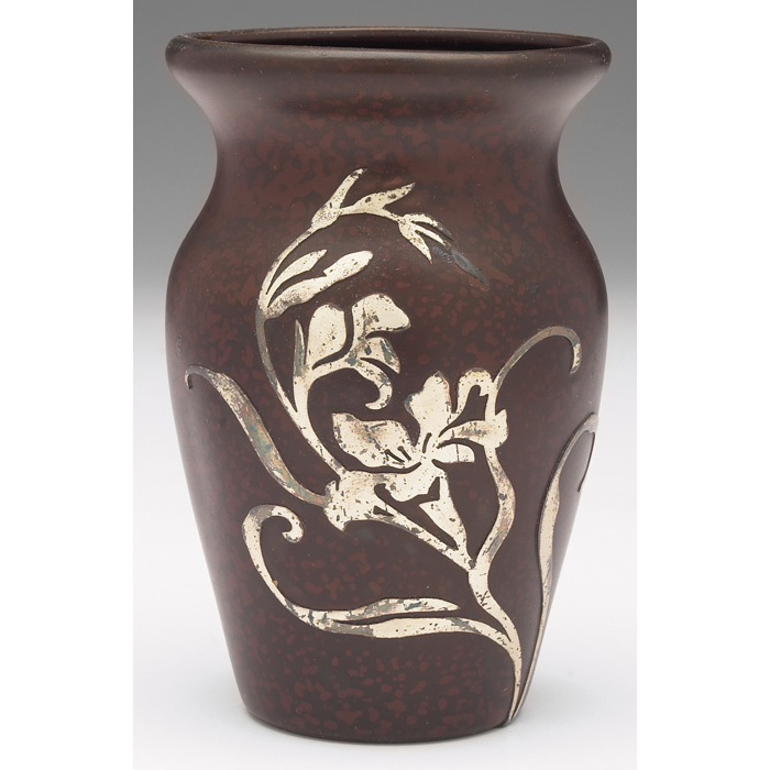 Heintz vase sterling on bronze applied floral design original patina