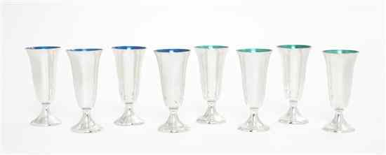 A Set of Eight American Enameled Sterling Silver Cordials Gorham