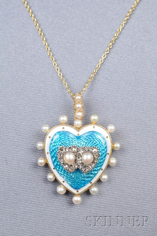 Antique 14kt Gold Enamel Seed Pearl and Diamond Heart Pendant