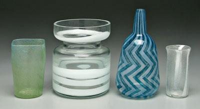 Four modern art glass vases one bottle shaped with herringbone